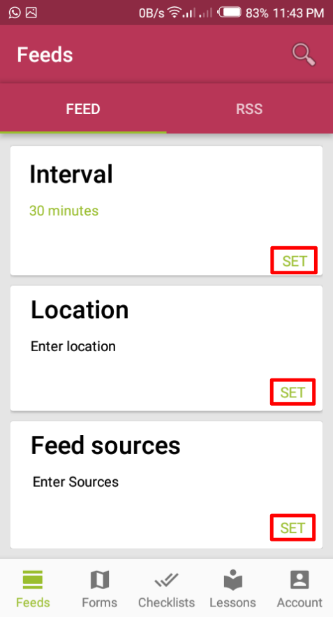 Set Interval, location and feed sources